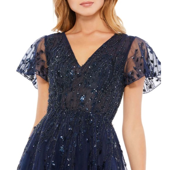 MacDuggal Embellished Flutter Sleeve Tulle Midnight Dress 4 - Picture 3 of 8